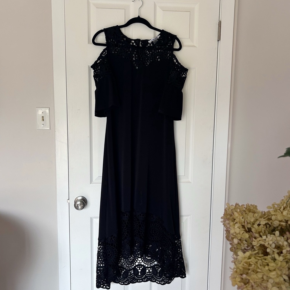 Nygard Boho Black Lace Cold Shoulder High Low Dress-size medium